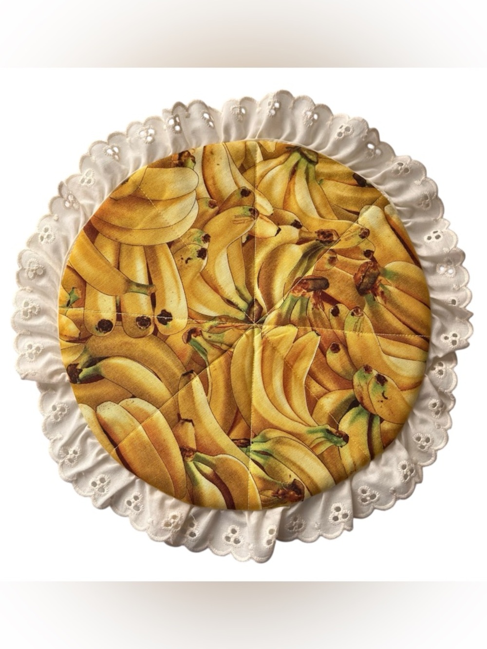 Vintage handmade round banana print trivet with lace trim
